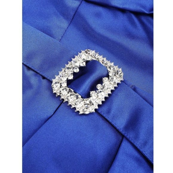 Chic Off Shoulder Boxy Pleated Split Thigh Prom Maxi Dress Blue - Picture 8 of 9